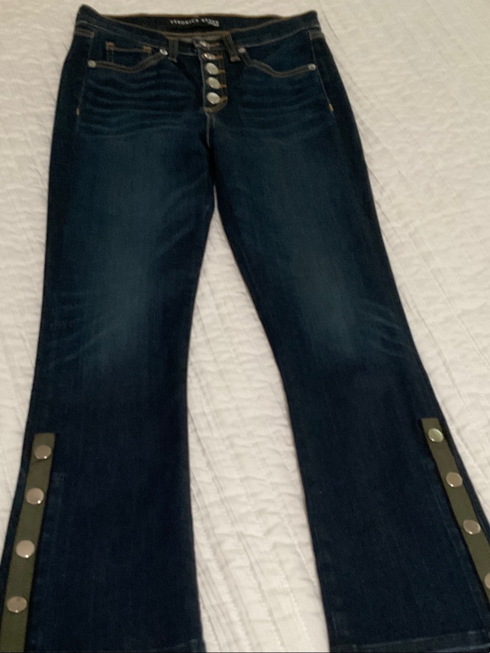 Veronica Beard Dark Blue Flare Jeans with Snap Trim
